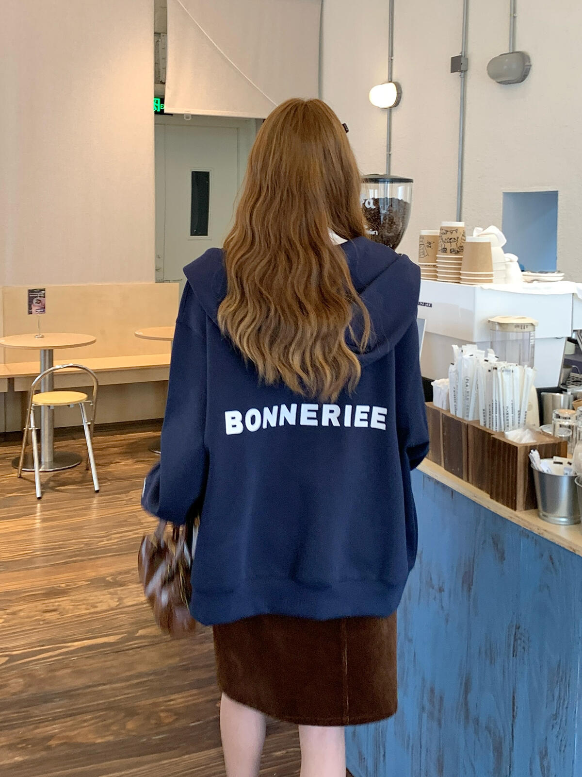 Aqua Marine Hooded Loose-Fit Drawstring Mid-Length Sweatshirt Jacket