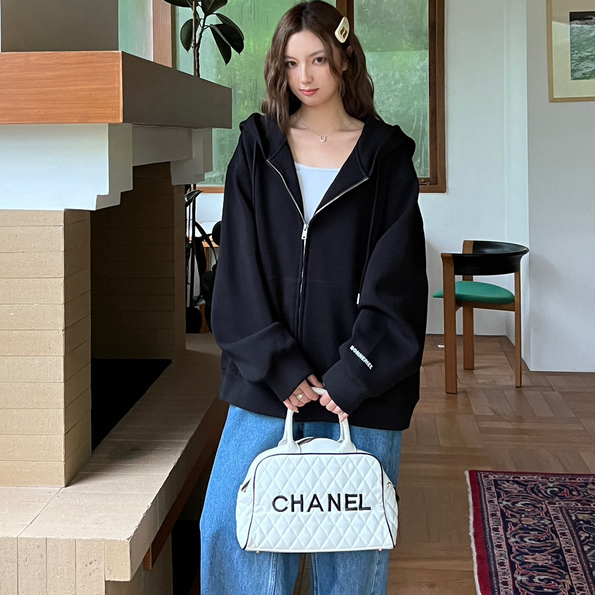 Aqua Marine Hooded Loose-Fit Drawstring Mid-Length Sweatshirt Jacket