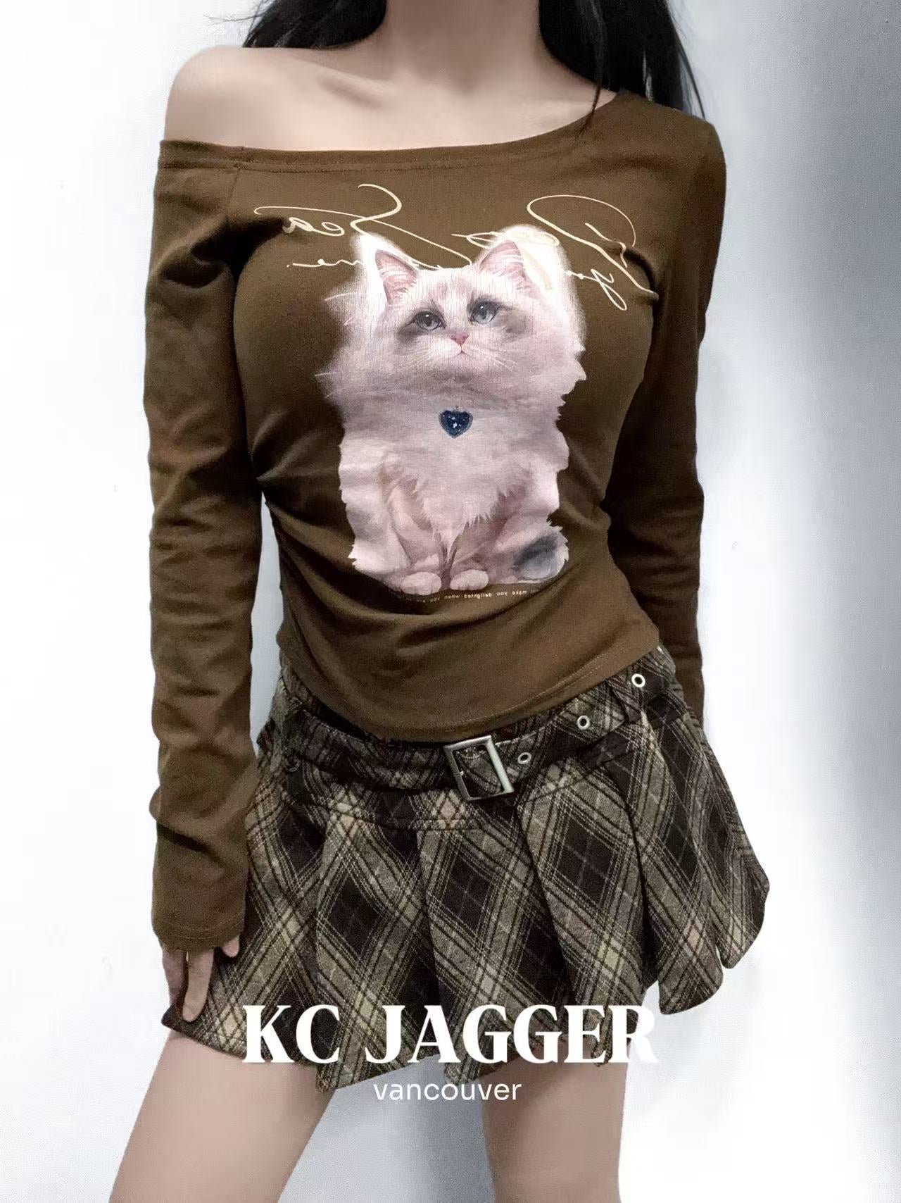 KC JAGGER Cat Print One-Shoulder Top