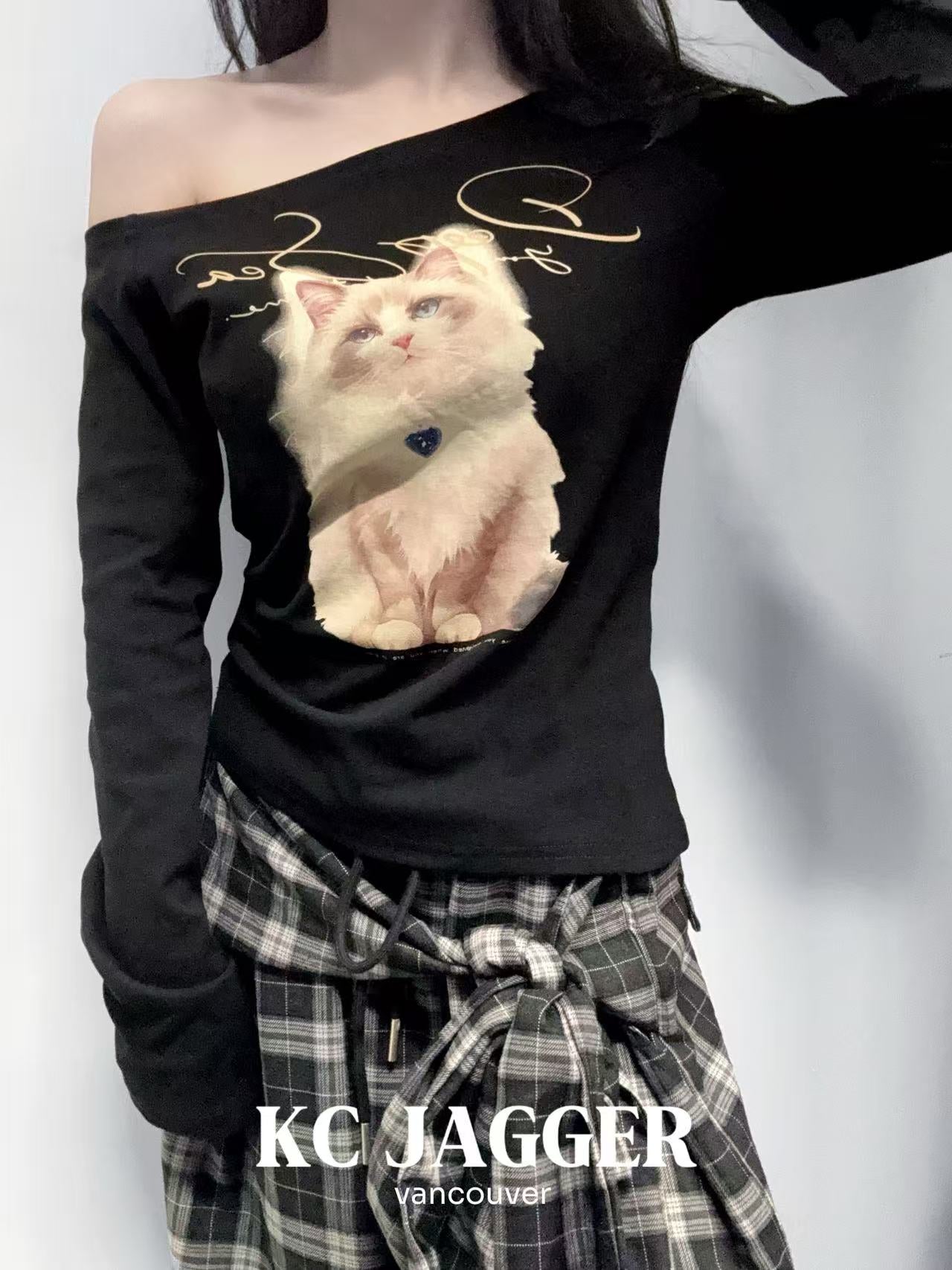Cat Print One-Shoulder Top