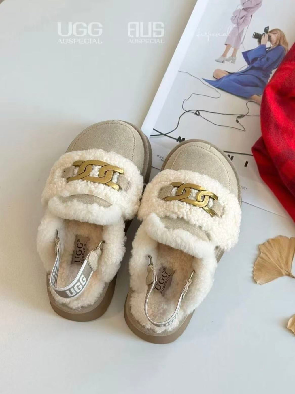 Ozlana Ugg Fur Slippers(removable velcro patch + heel strap)