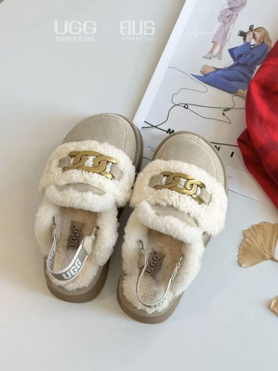 Ozlana Ugg Fur Slippers(removable velcro patch + heel strap)