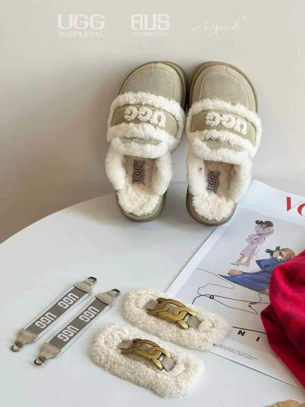 Ozlana Ugg Fur Slippers(removable velcro patch + heel strap)