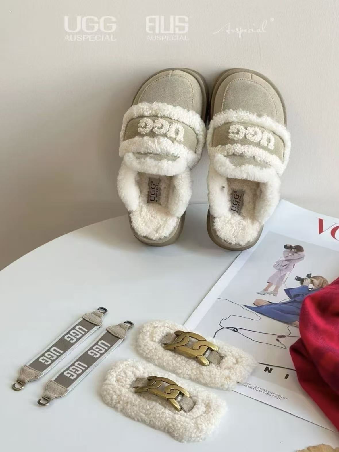 Ozlana Ugg Fur Slippers(removable velcro patch + heel strap)