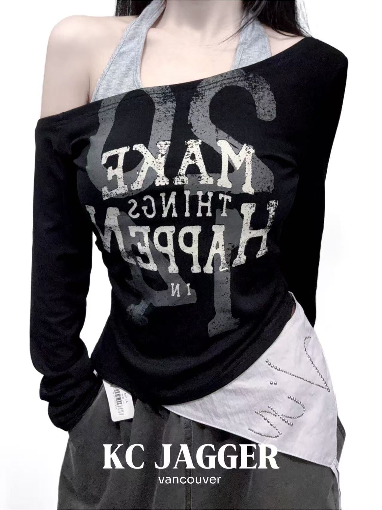 KC JAGGER Halter Neck Layered-Style Long Sleeve T-Shirt