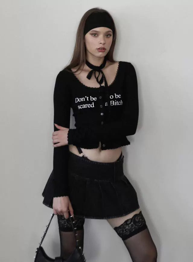 BADBLOOD Lace Trim Tie-Front Cardigan Top
