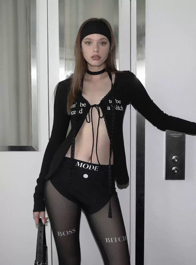 BADBLOOD Lace Trim Tie-Front Cardigan Top