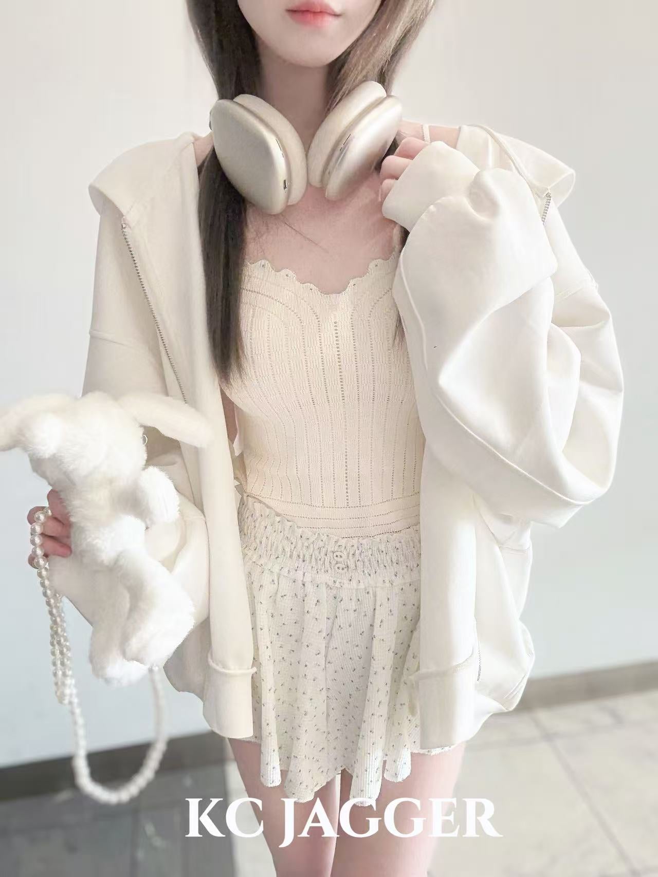 Oversized Hoodie Jacket with Bunny Crossbody Charm