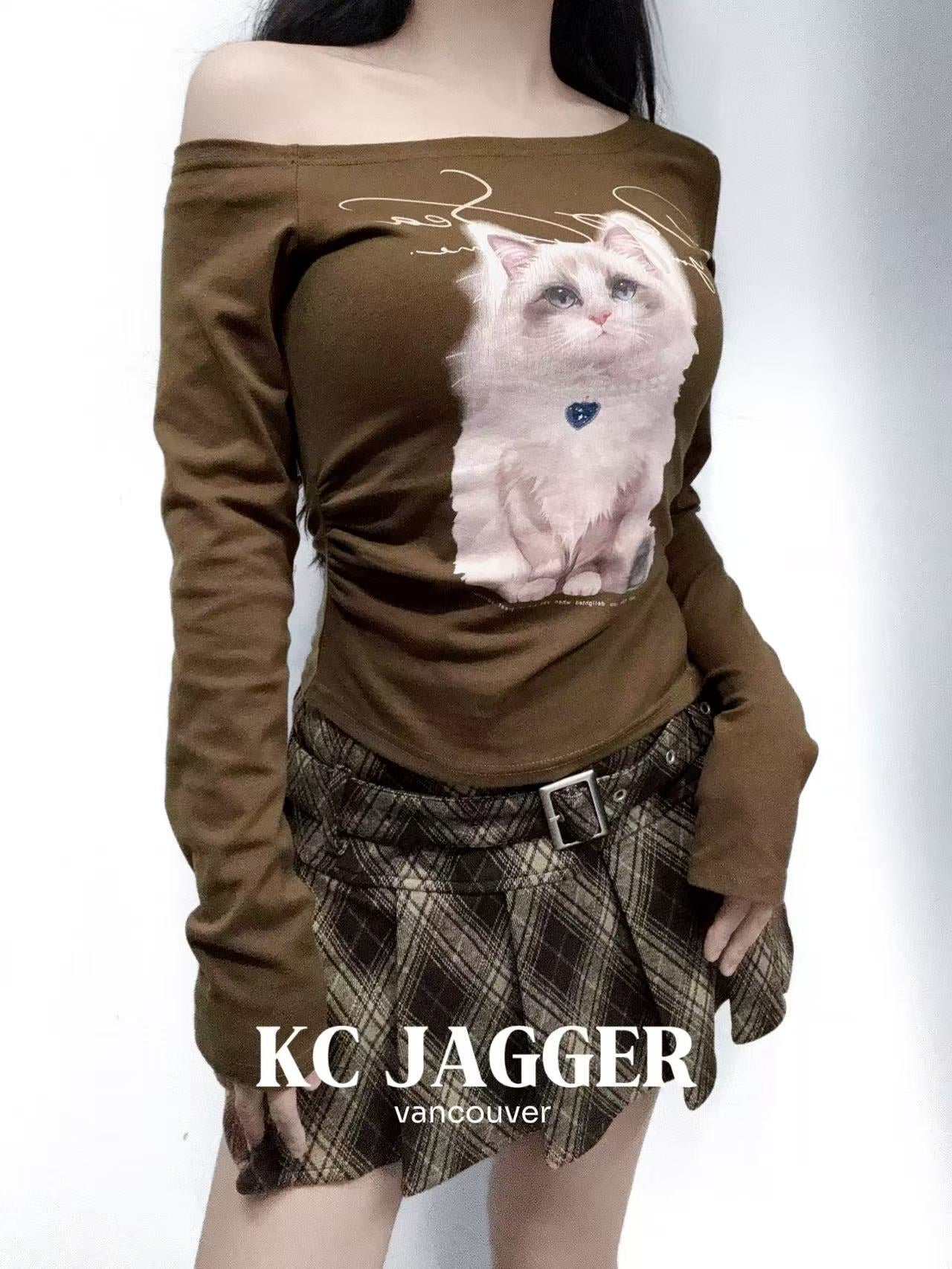 KC JAGGER Cat Print One-Shoulder Top