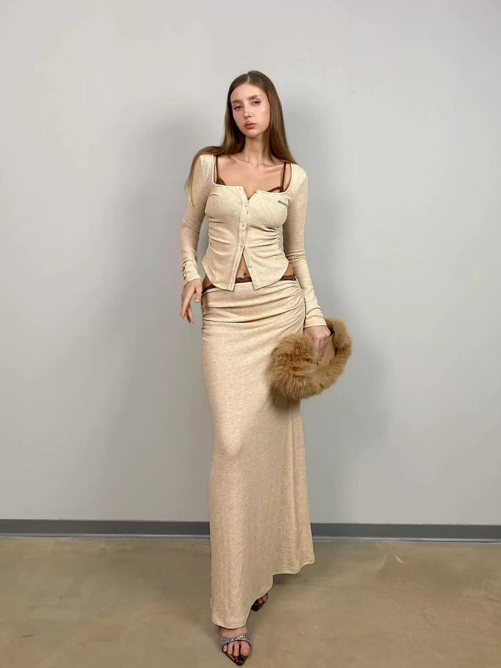 Jqwention Retro Patchwork Knit Cardigan & Bodycon Maxi Skirt