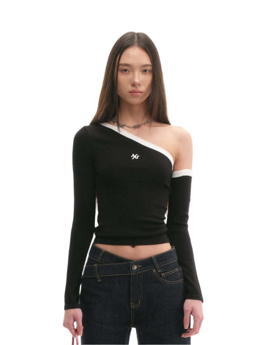 NAWS Color-Block Sculpted One-Shoulder Knit Top