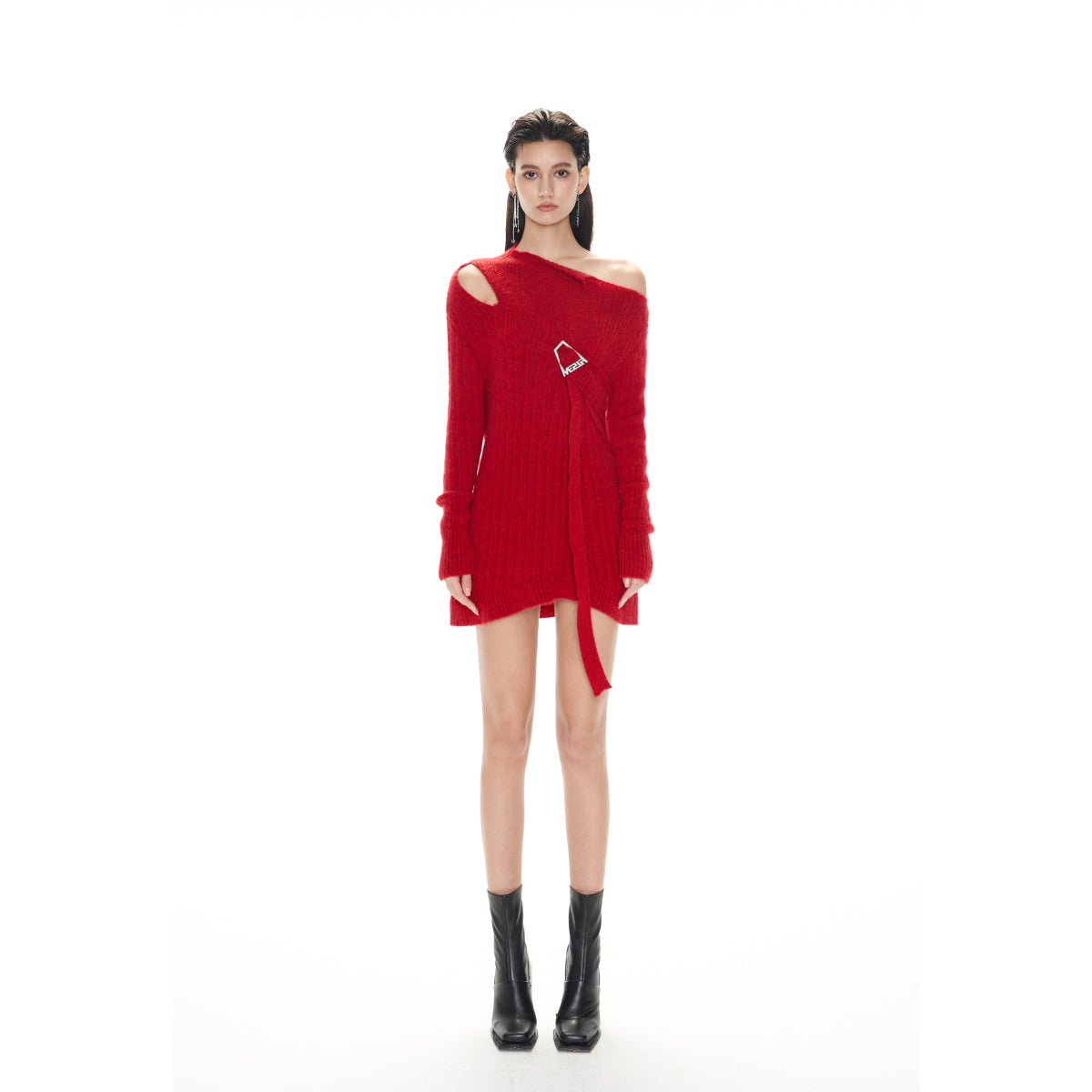 West.Y Hollow Out Buckle Knit Dress Red
