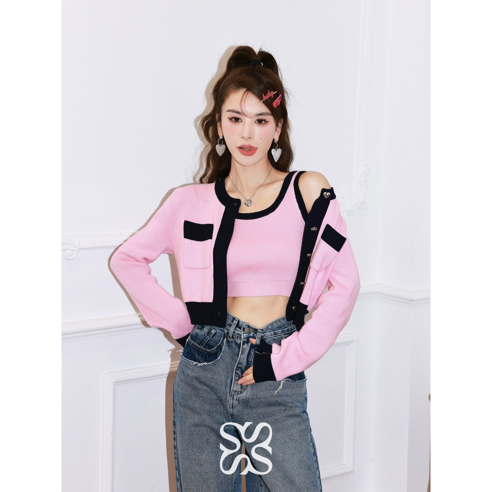 SomeSowe Color Blocked Cardigan Vest Knit Set