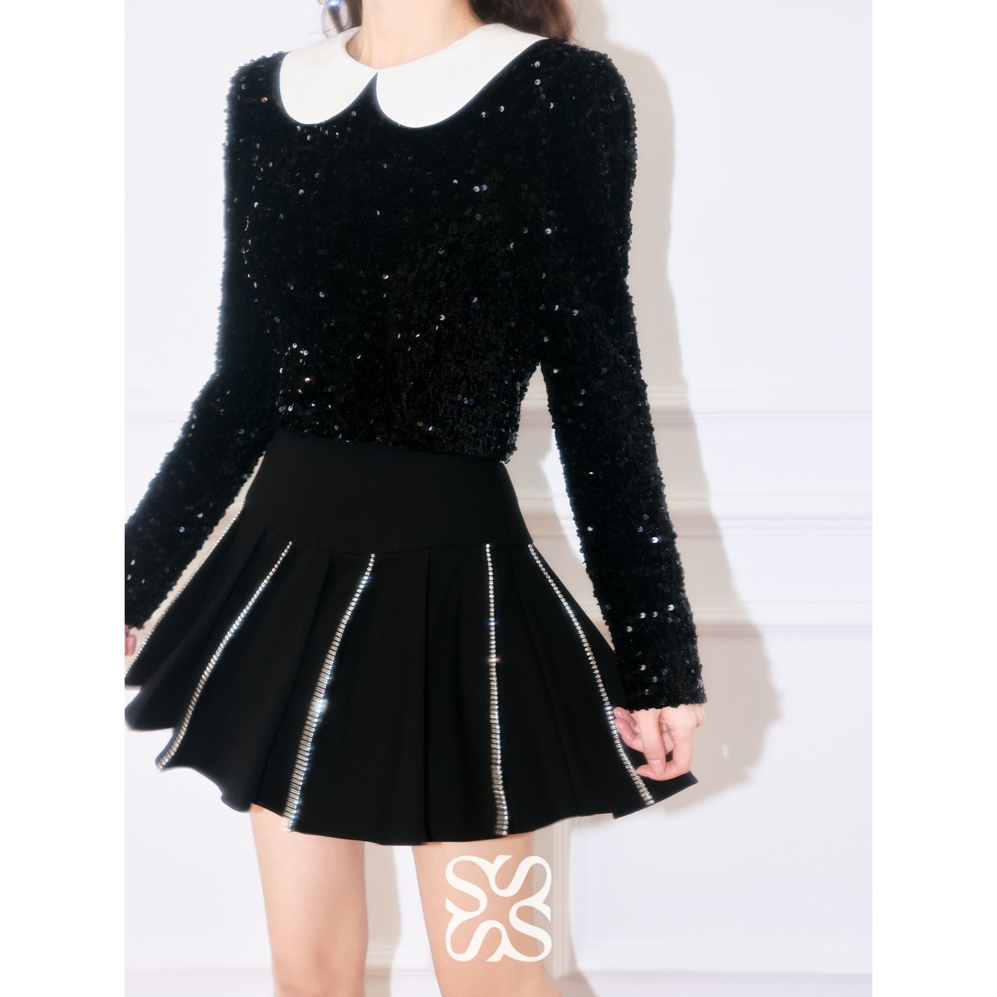 SomeSowe Doll Collar Glittered Top Black