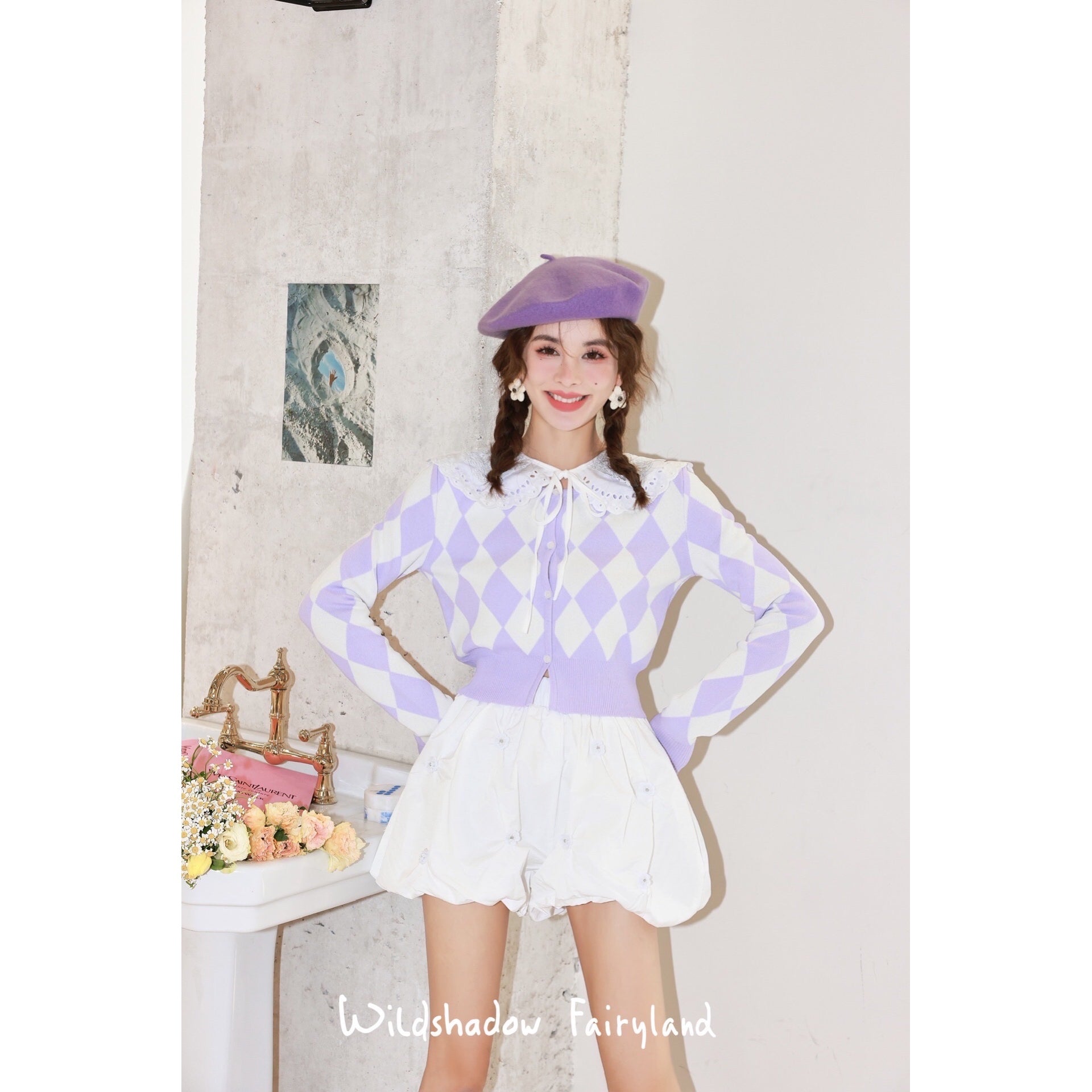 Wildshadow Flower Collar Diamond Cardigan Purple