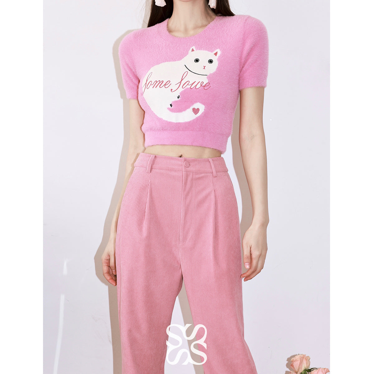 SomeSowe "Cat" Knit Short Sleeve Top Pink