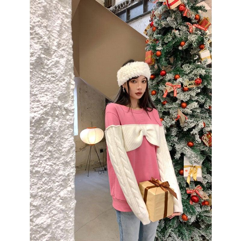 Via Pitti Knit Bow Knot Patchwork Sweater Pink