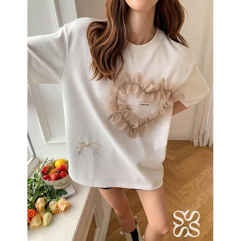 SomeSowe Heart Patch Bow Knot Tee White