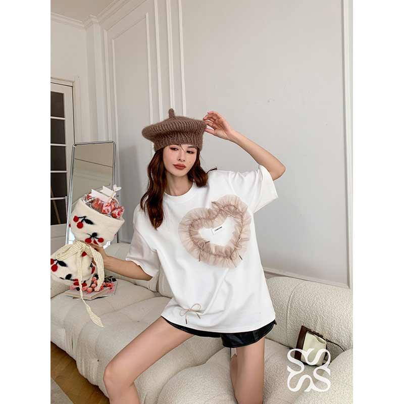 SomeSowe Heart Patch Bow Knot Tee White