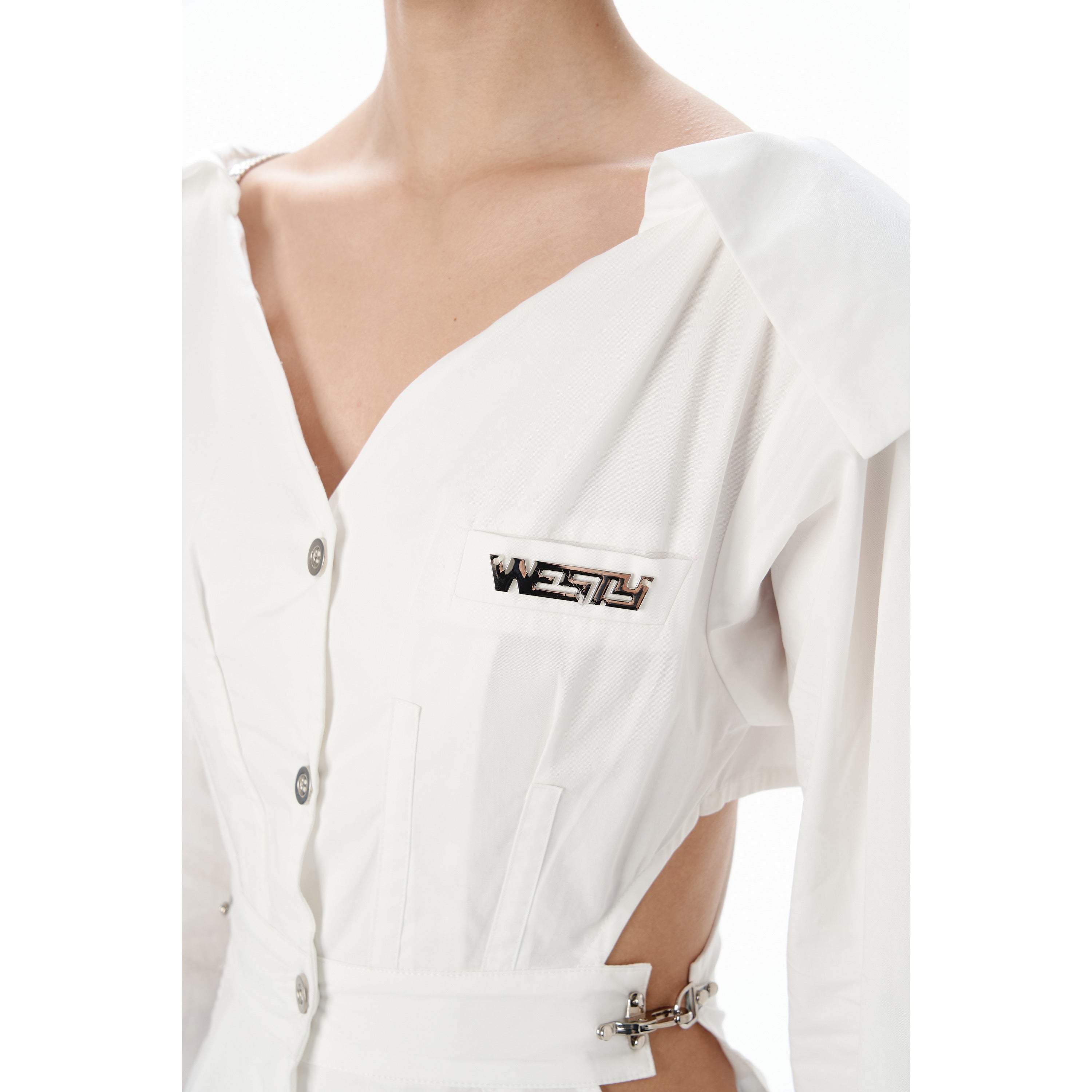 West.Y Cutting Out Logo Chain V-Neck Dress White