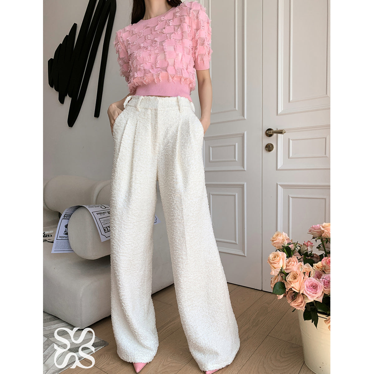 SomeSowe Feather-Fringed Wide-Leg Pants White