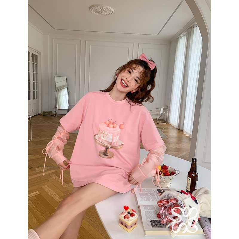 SomeSowe Cake Mesh Sleeve Tee Pink