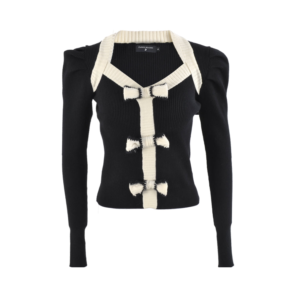 Cloud Season Color Blocked Bow Knots Knit Top Black