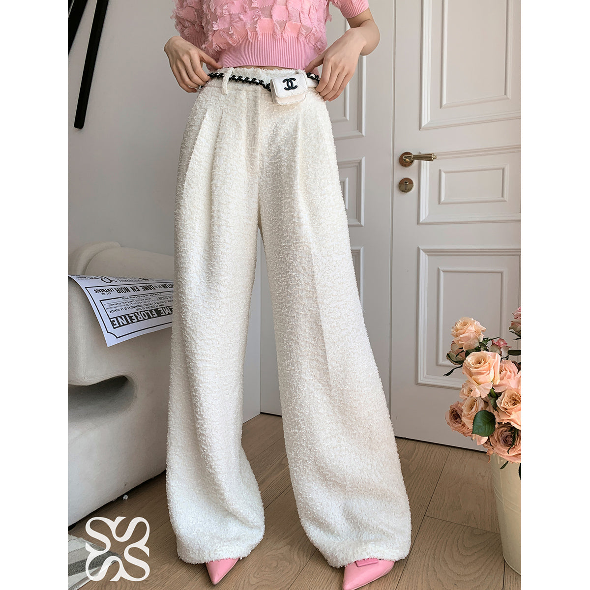 SomeSowe Feather-Fringed Wide-Leg Pants White