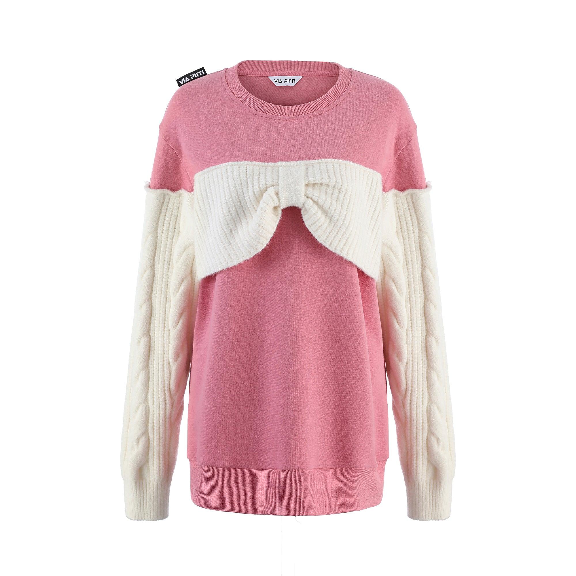 Via Pitti Knit Bow Knot Patchwork Sweater Pink