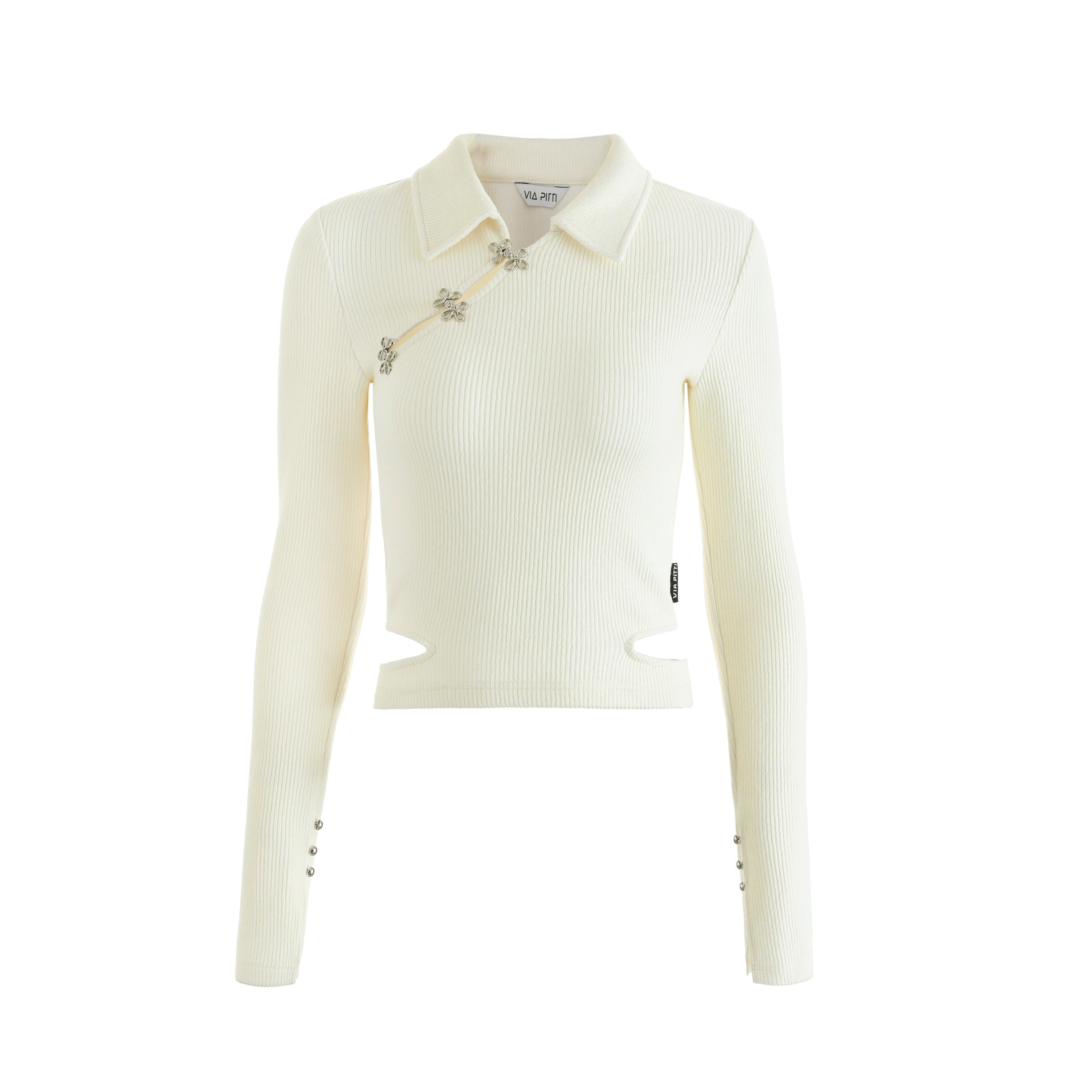 Via Pitti Metal Buckle Knit Polo Top White