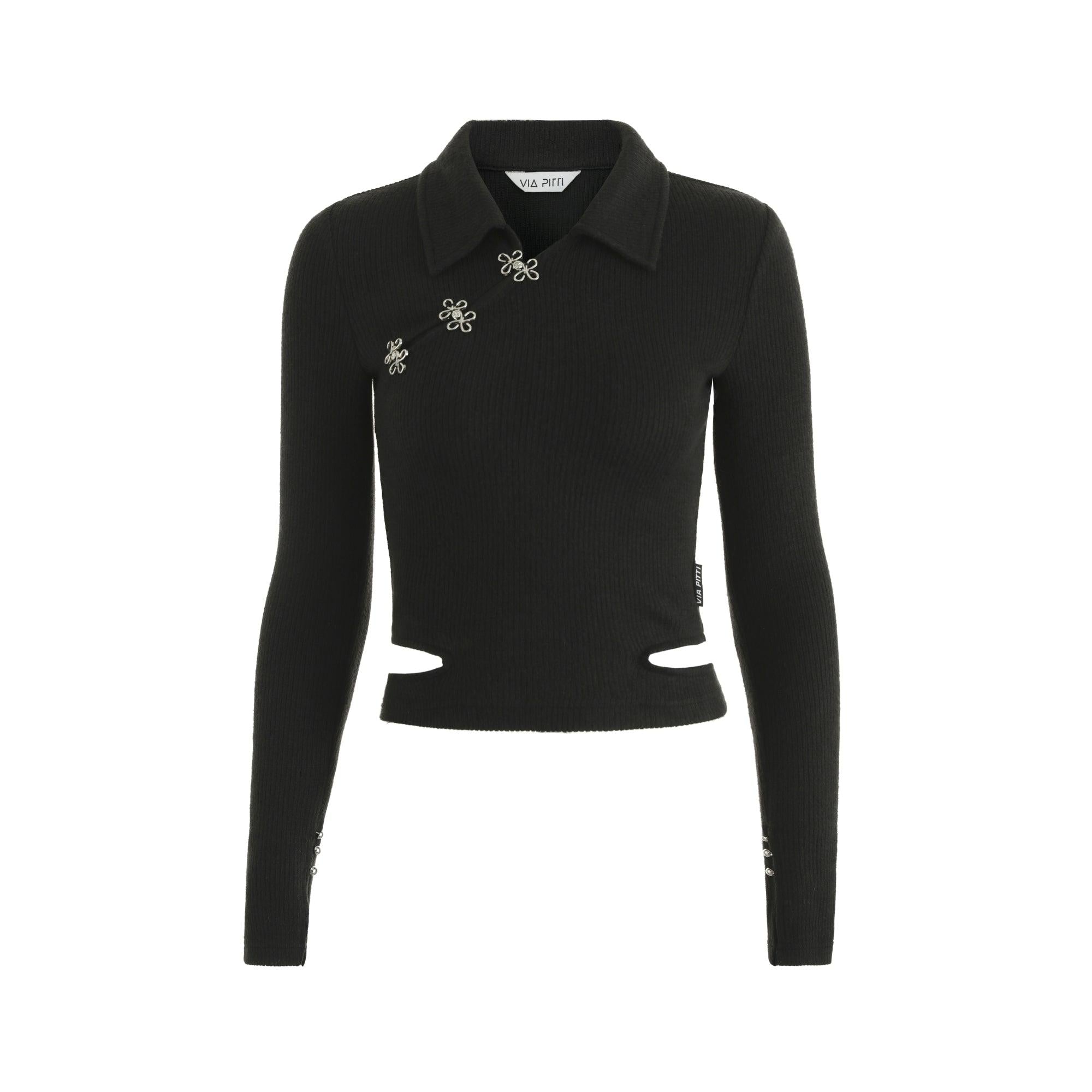 Via Pitti Metal Buckle Knit Polo Top Black