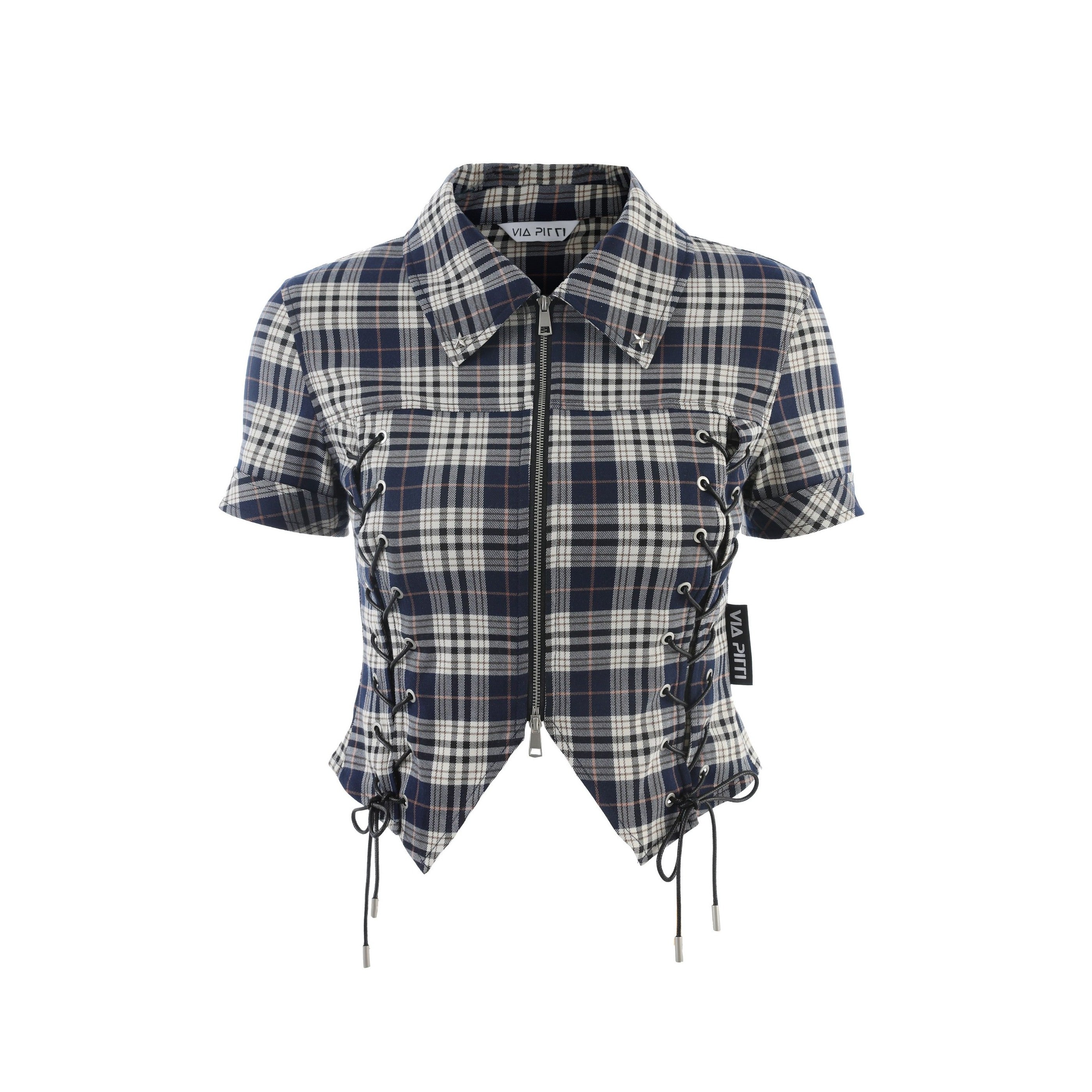 Via Pitti Checked Zip Up Drawstring Shirt