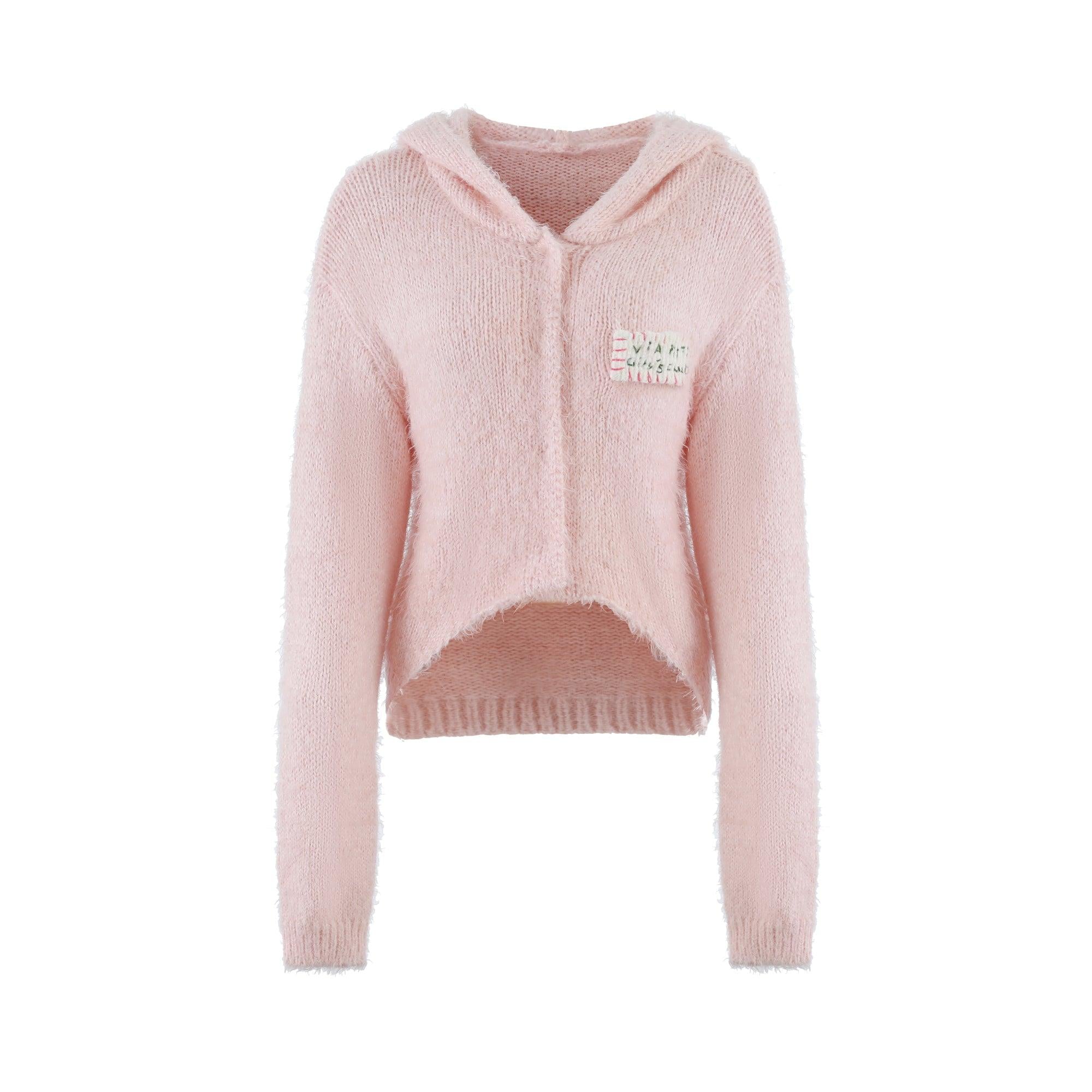 Via Pitti Logo Patch Knit Hoodie Pink