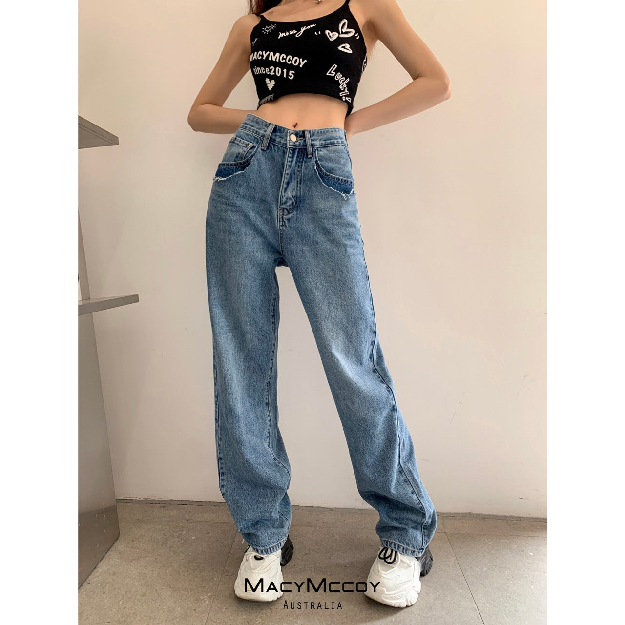 MacyMccoy Fake Two-Pieces Wide Leg Denim Jeans