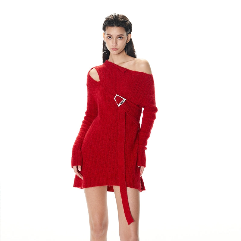 West.Y Hollow Out Buckle Knit Dress Red