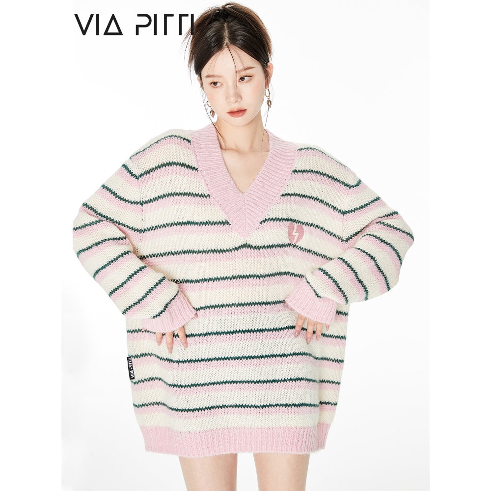 Via Pitti V-Neck Striped Knit Sweater Pink