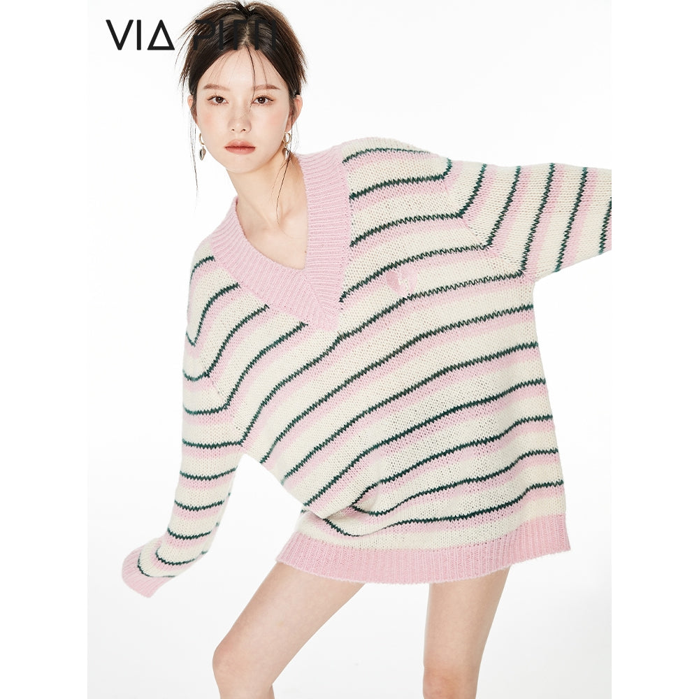 Via Pitti V-Neck Striped Knit Sweater Pink