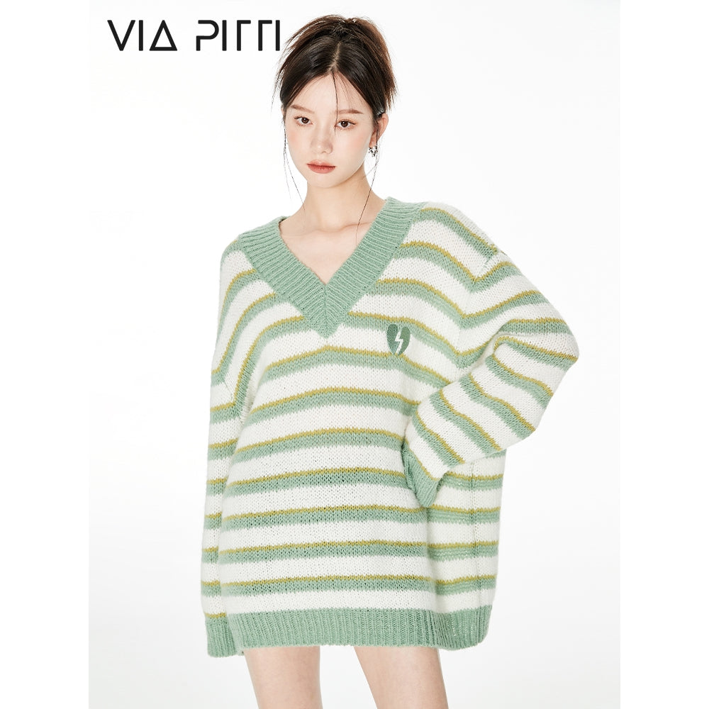 Via Pitti V-Neck Striped Knit Sweater Green