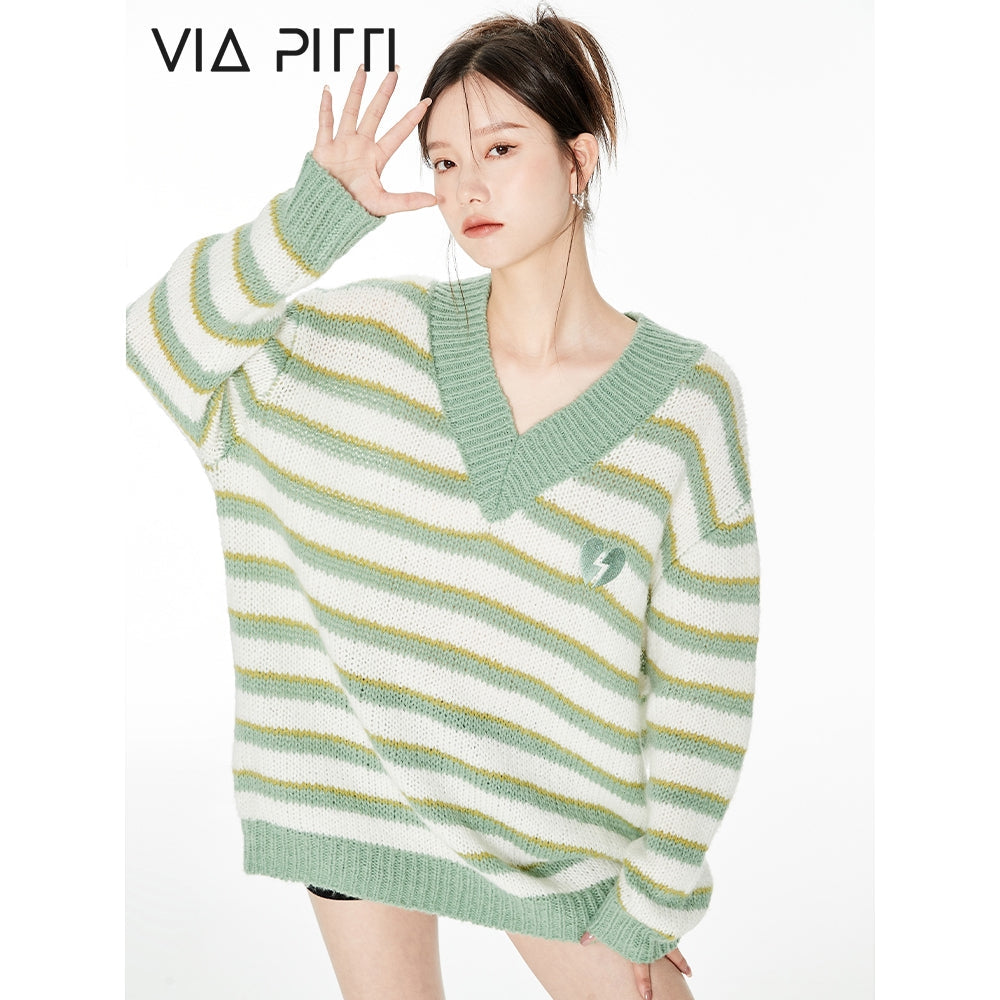 Via Pitti V-Neck Striped Knit Sweater Green