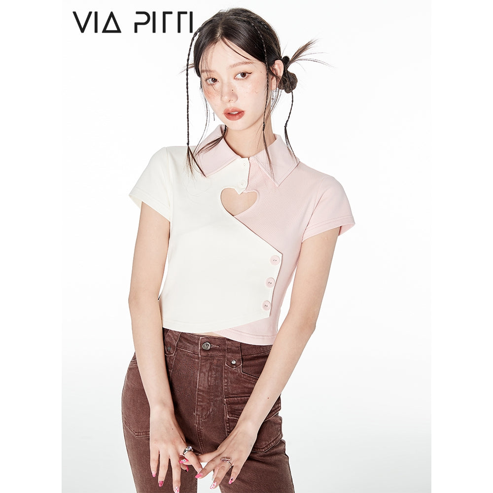 Via Pitti Color Blocked Heart Cutting Top Pink