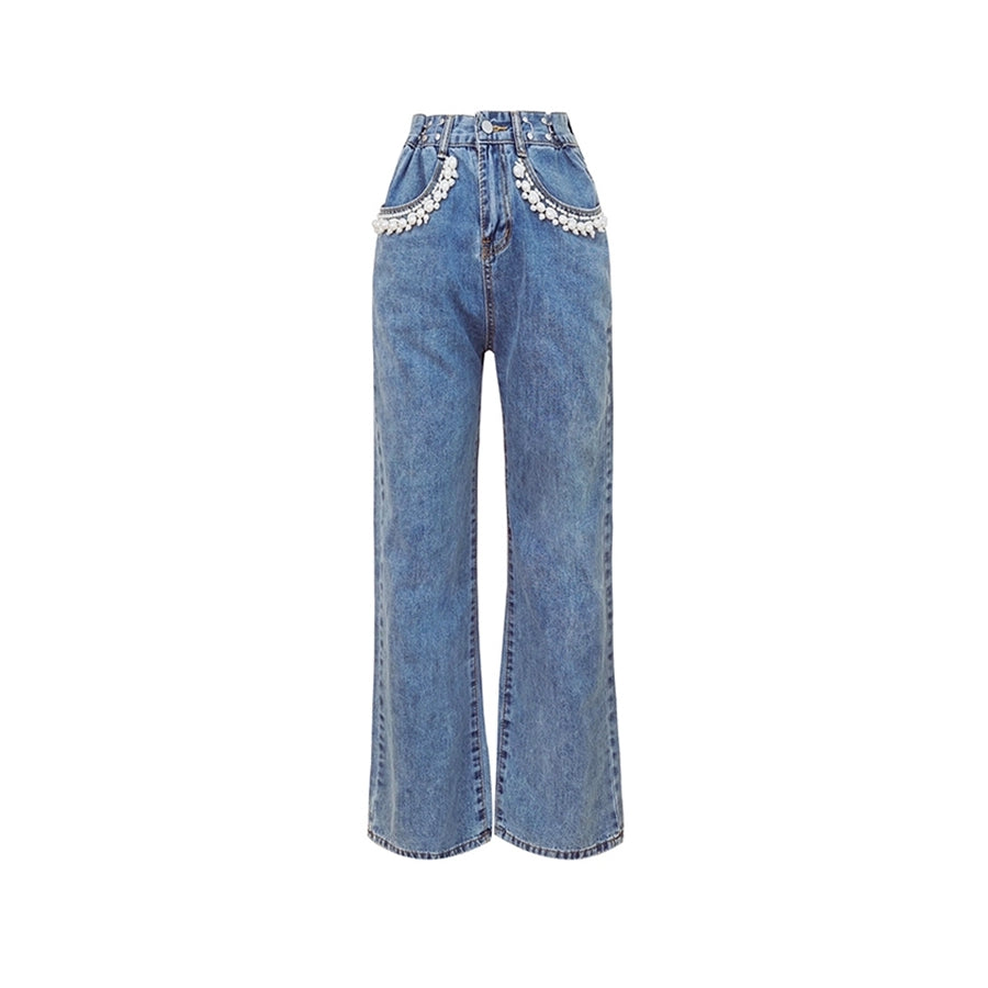 Kroche Pearl Chain Pockets Washed Denim Jeans