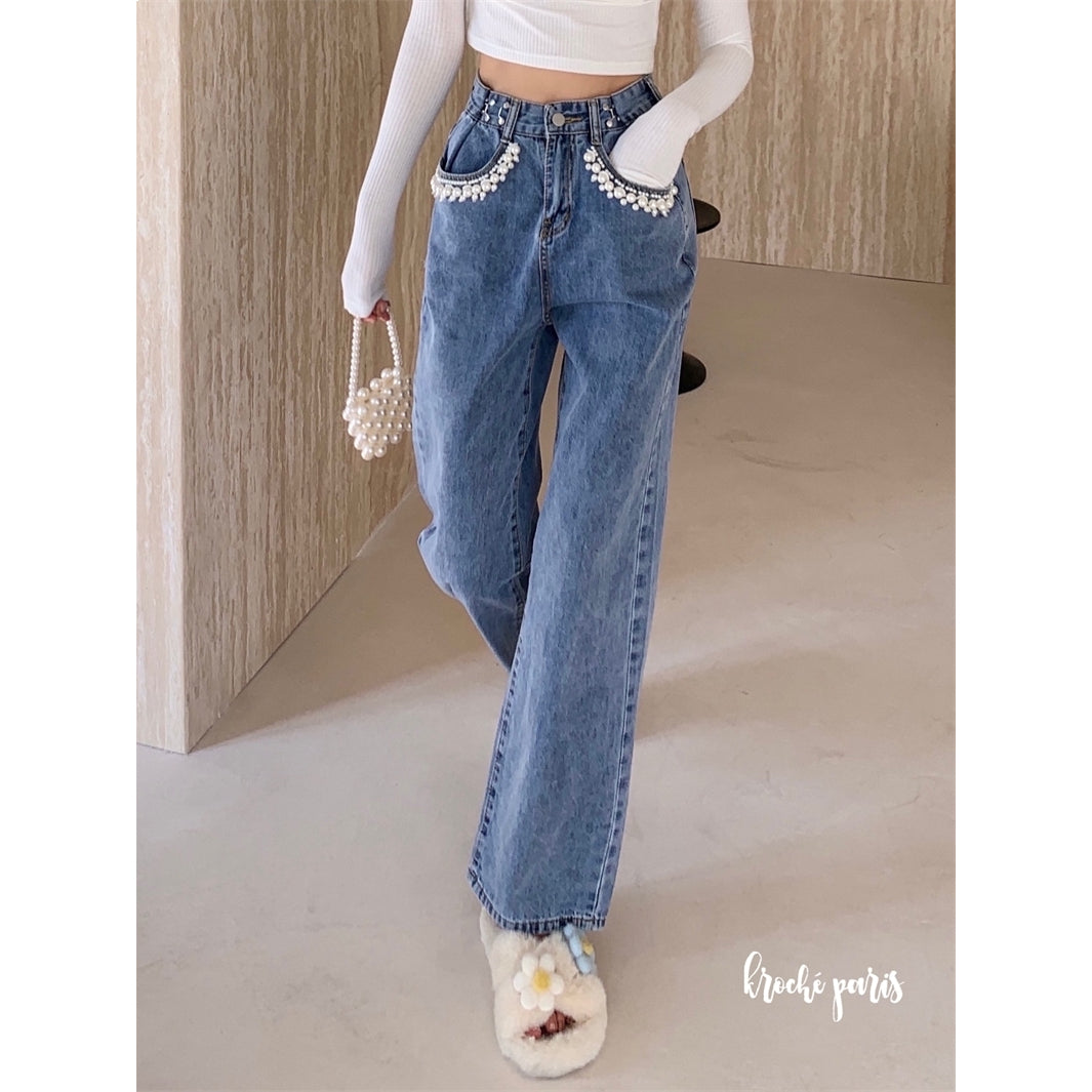 Kroche Pearl Chain Pockets Washed Denim Jeans